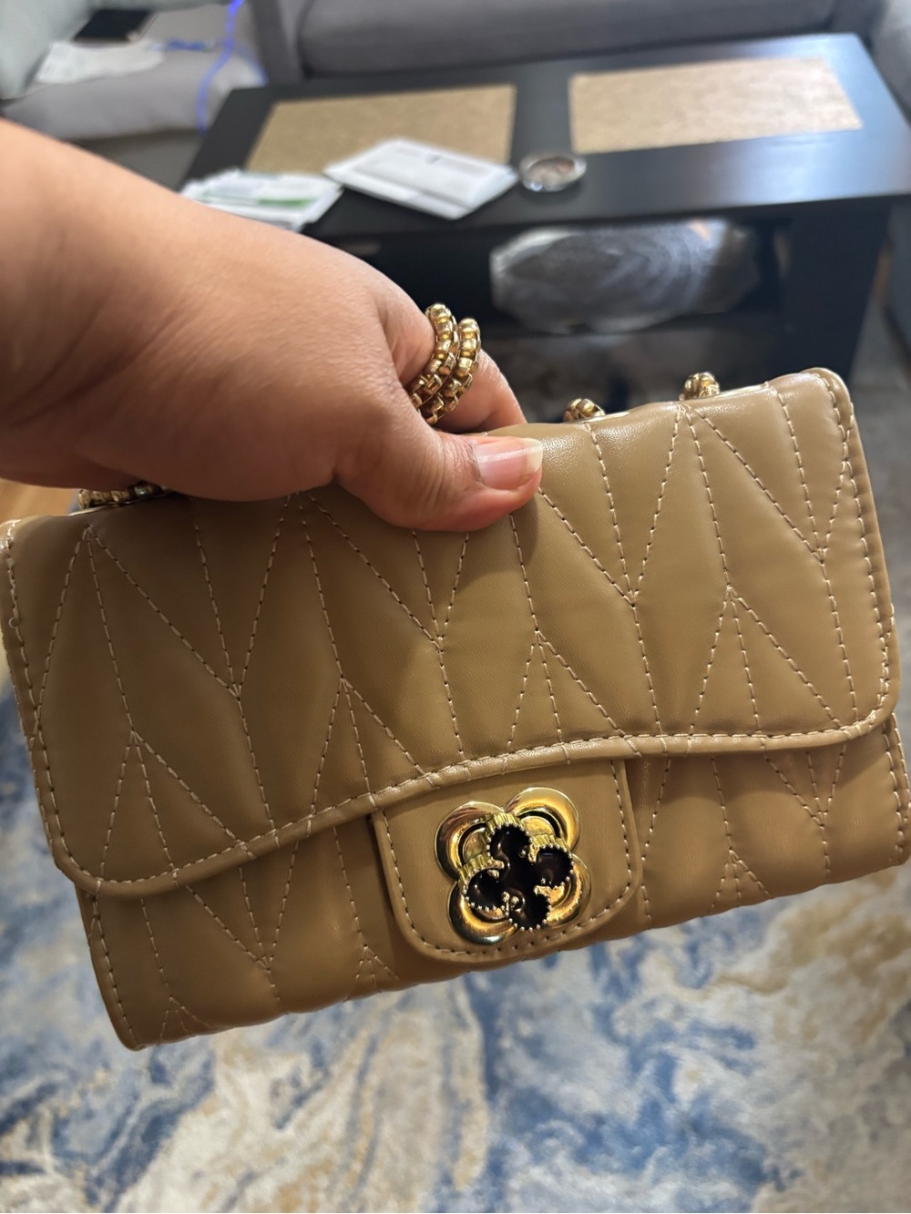 Quilted Tan Shoulder Bag with Gold Accent